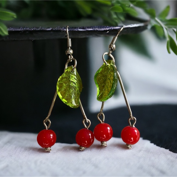 Elegant Vintage Green and Red Leaf and Cherry Earrings - Picture 1 of 5